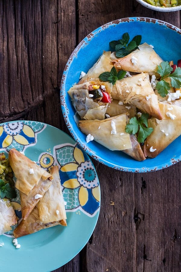 Garden Veggie and Goat Cheese Samosas with Sweet Peach and Basil Chutney | halfbakedharvest.com