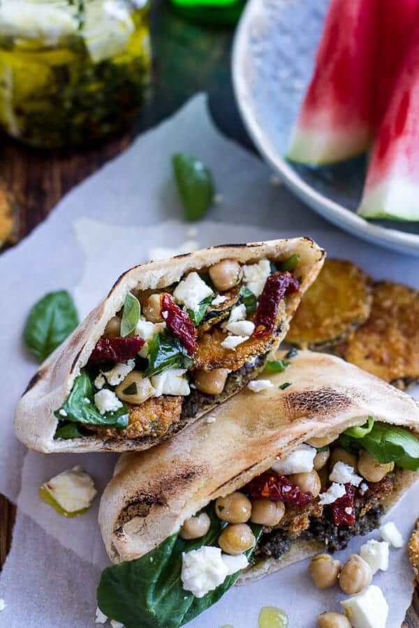 Greek Olive Pesto and Fried Zucchini Grilled Pitas w-Marinated Feta + Garbanzo Beans | halfbakedharvest.com @hbharvest