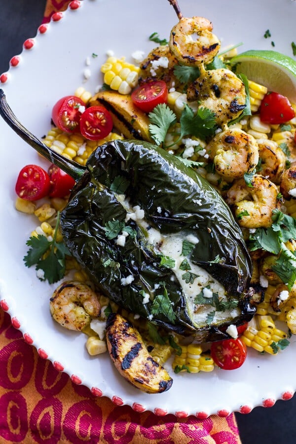 Grilled Chiles Rellenos with Chipotle Peach Mojo Shrimp | halfbakedharvest.com