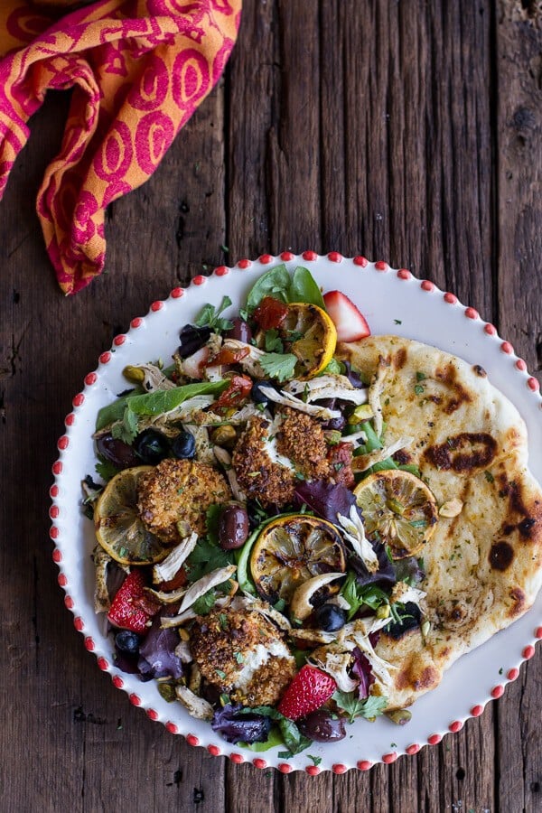 Moroccan Chicken Salad with Pistachio Crusted Fried Goat Cheese + Garlic Naan | halfbakedharvest.com