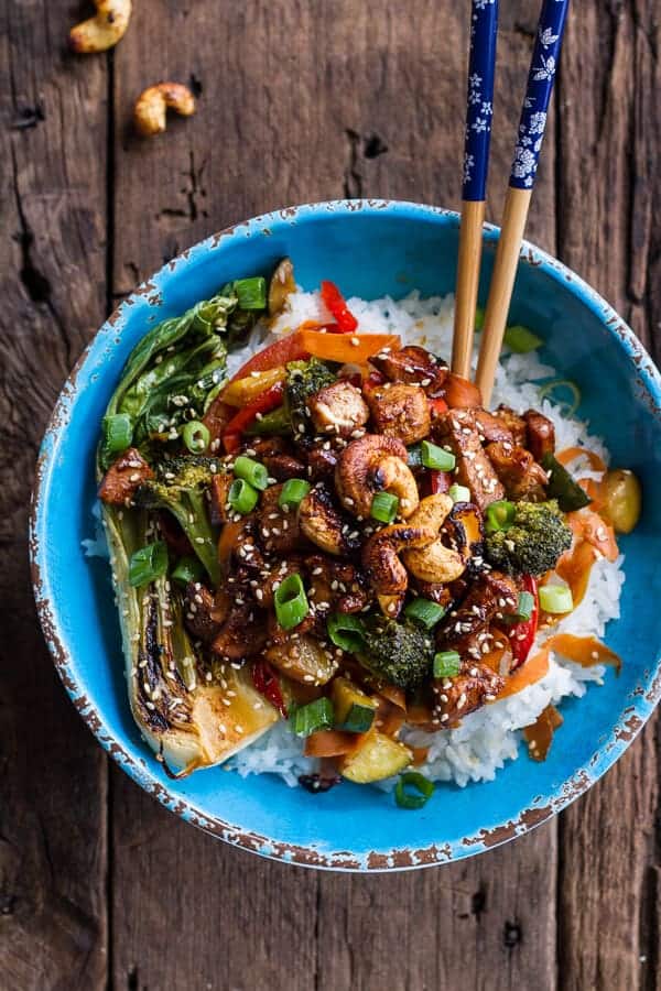 Quick Honey Ginger Pineapple and Summer Veggie Chicken Stir Fry with Caramelized Cashews | halfbakedharvest.com
