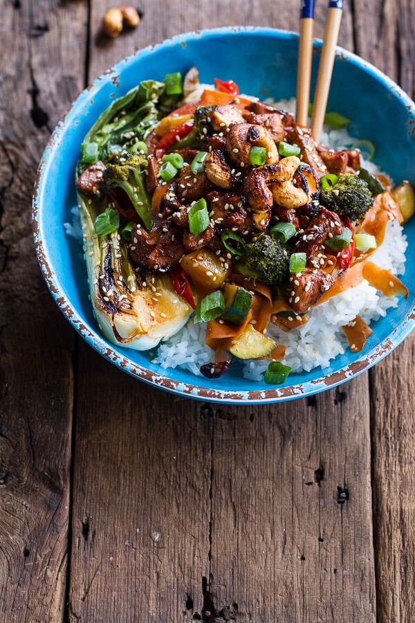 Quick Honey Ginger Pineapple and Summer Veggie Chicken Stir Fry with Caramelized Cashews | halfbakedharvest.com