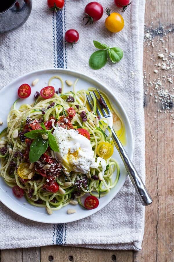 15-Minute Zucchini Pasta w- Poached eggs and Quick Heirloom Cherry Tomato Basil Sauce | halfbakedharvest.com