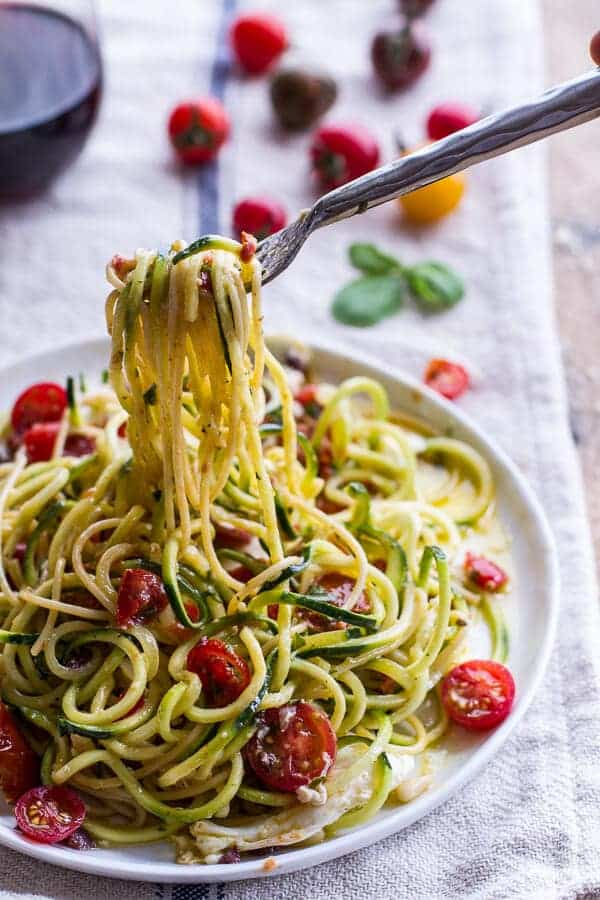 15-Minute Zucchini Pasta w- Poached eggs and Quick Heirloom Cherry Tomato Basil Sauce | halfbakedharvest.com