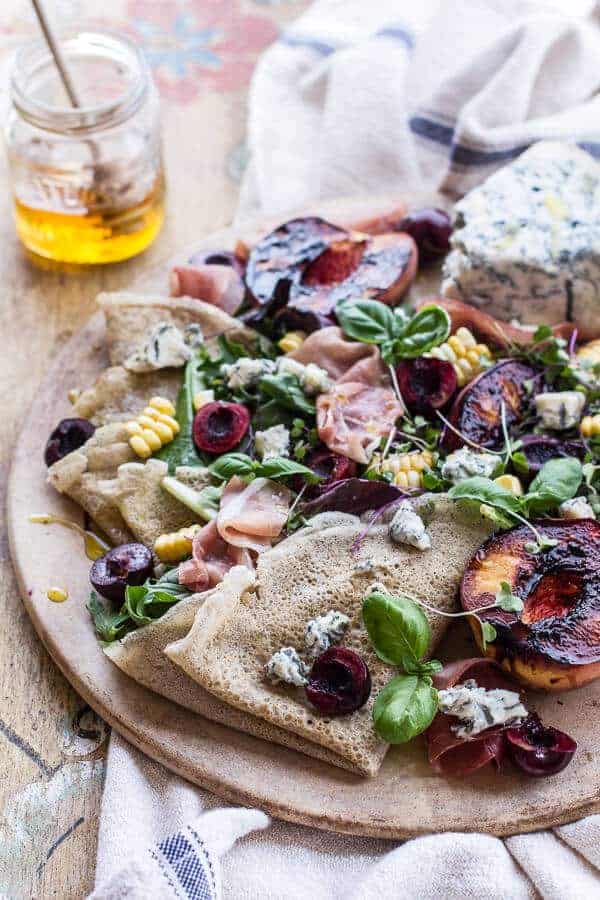 Caramelized Peach + Cherry, Prosciutto and Gorgonzola Salad w/Buckwheat Crêpes | halfbakedharvest.com