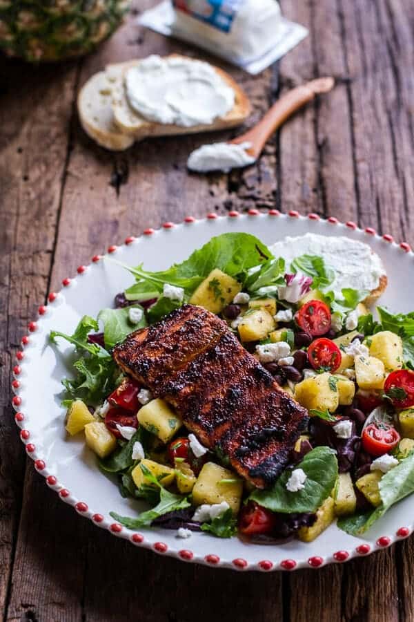 Caribbean Jerk Salmon with Curried Pineapple and Goat Cheese Salad | halfbakedharvest.com for @President Cheese #artofcheese