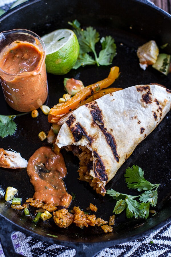 Easy Chicken Fajitas with Cheesy Enchilada Rice + Spicy Tex-Mex Special Sauce | halfbakedharvest.com