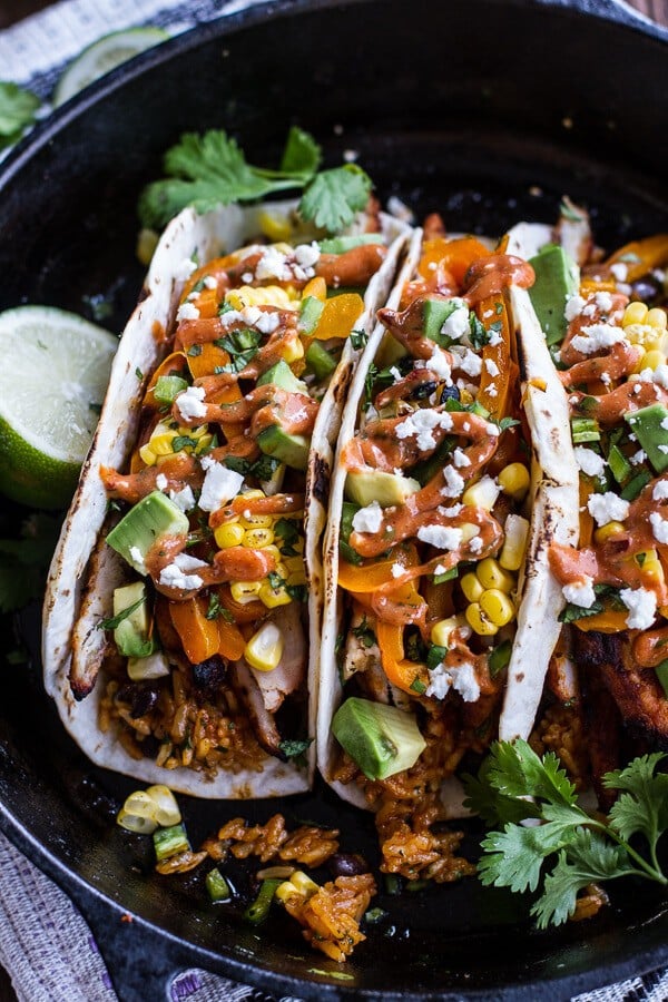 Easy Chicken Fajitas with Cheesy Enchilada Rice + Spicy Tex-Mex Special Sauce | halfbakedharvest.com