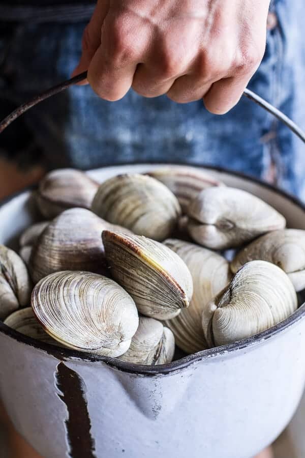 Fresh Clam Pasta with Creamy White Basil Sauce + Crispy Prosciutto | halfbakedharvest.com