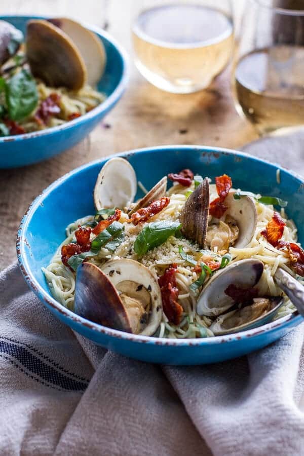 Fresh Clam Pasta with Creamy White Basil Sauce + Crispy Prosciutto | halfbakedharvest.com