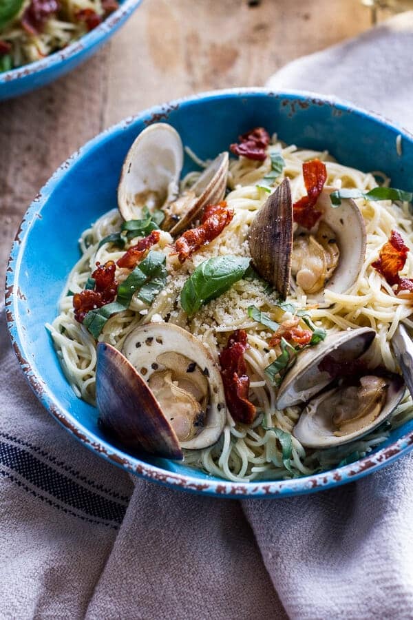 Fresh Clam Pasta with Creamy White Basil Sauce + Crispy Prosciutto | halfbakedharvest.com