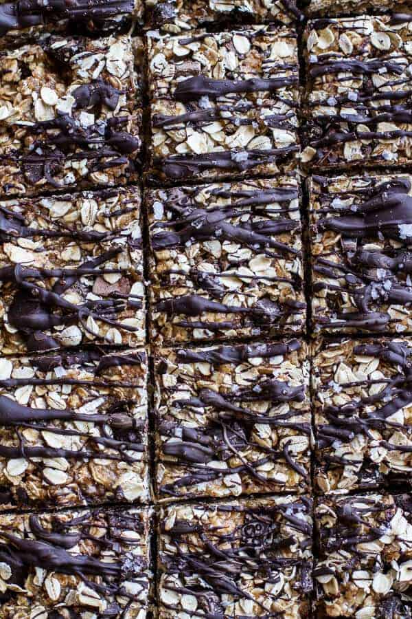 Healthy No-Bake Salted Dark Chocolate Chunk Oatmeal Cookie Bars | halfbakedharvest.com