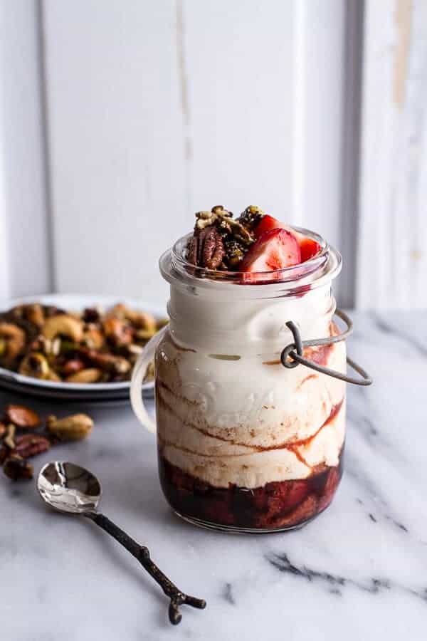 Sweet Balsamic Strawberries w-Whipped Ricotta Cream and Maple Glazed Seeded Nuts | halfbakedharvest.com