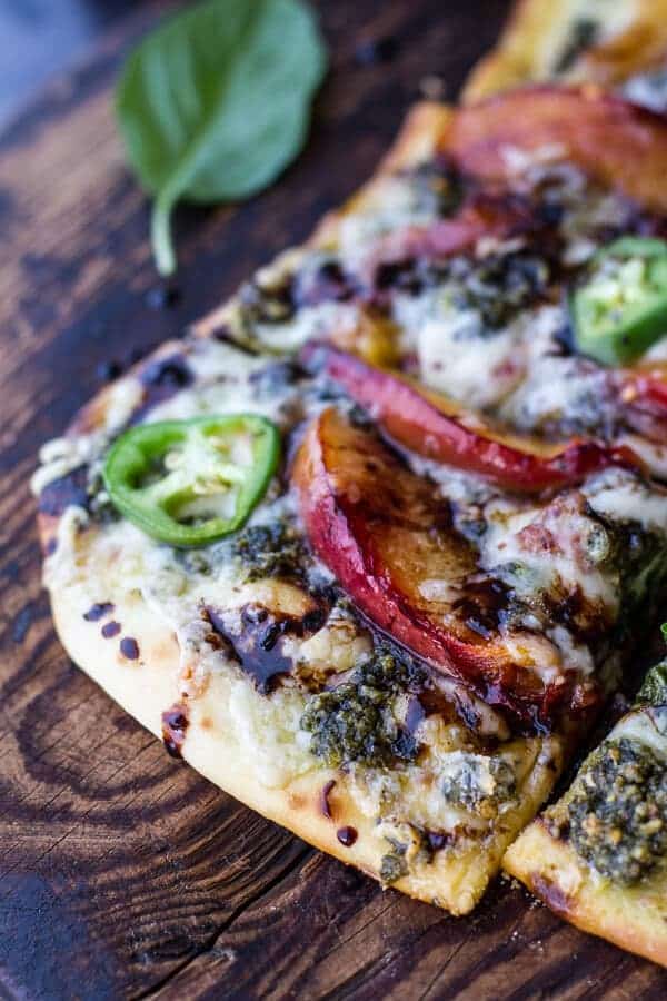Toasted Walnut Pesto and Caramelized Nectarine and Gorgonzola Pizza w/Spicy Balsamic Drizzle | halfbakedharvest.com