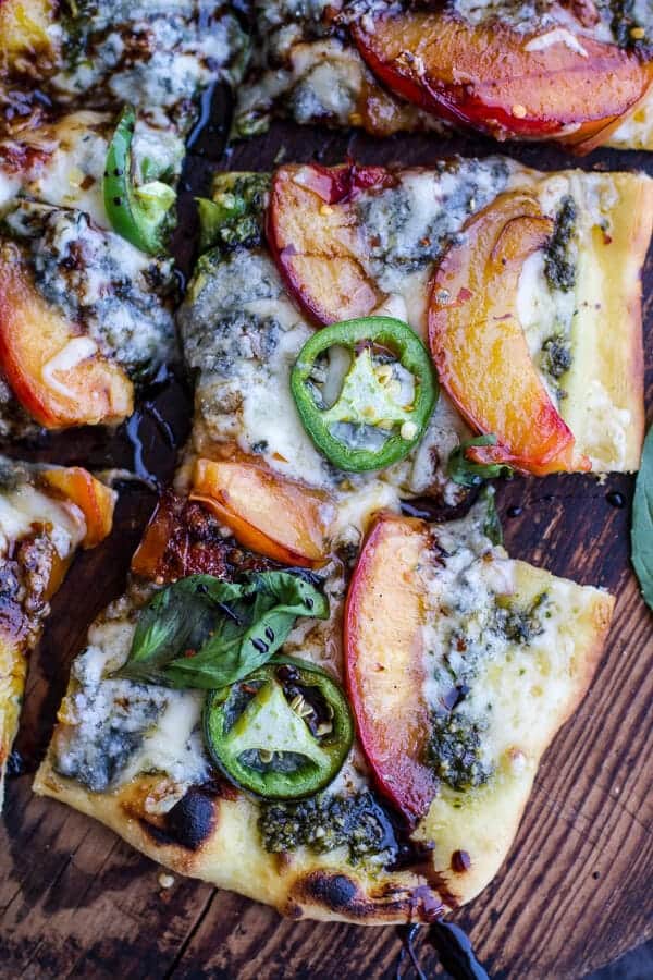 Toasted Walnut Pesto and Caramelized Nectarine and Gorgonzola Pizza w/Spicy Balsamic Drizzle | halfbakedharvest.com