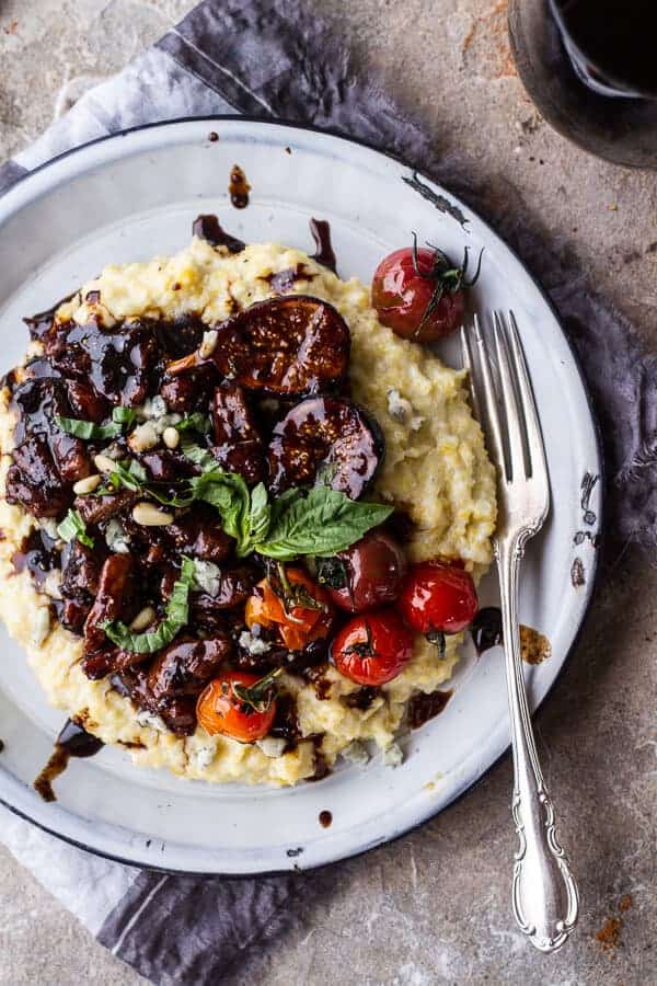 Balsamic Fig Glazed Pork w-Blistered Cherry Tomatoes and Creamy Gorgonzola Polenta | halfbakedharvest.com @hbharvest