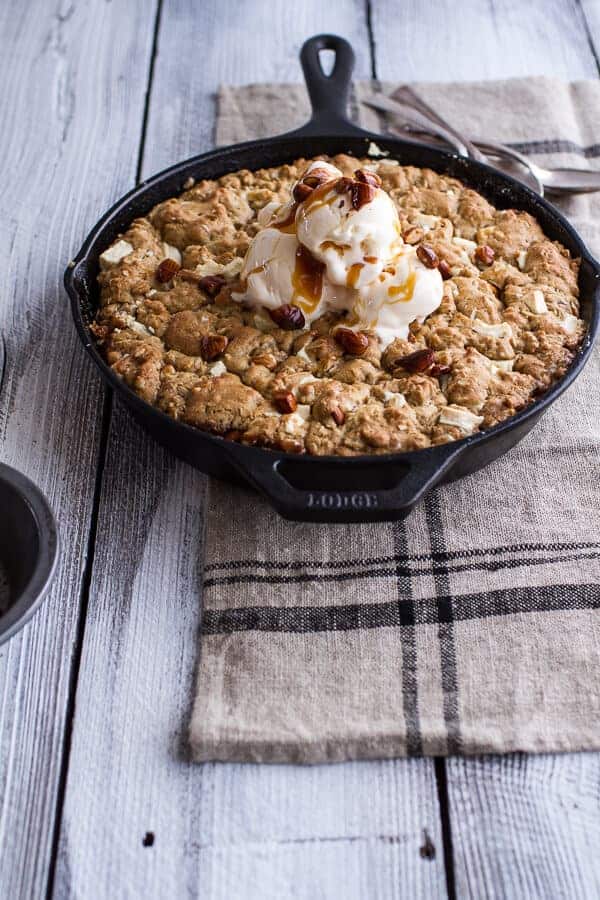 Caramelized Peach + White Chocolate Oatmeal Skillet Cookie Pie | halfbakedharvest.com @hbharvest