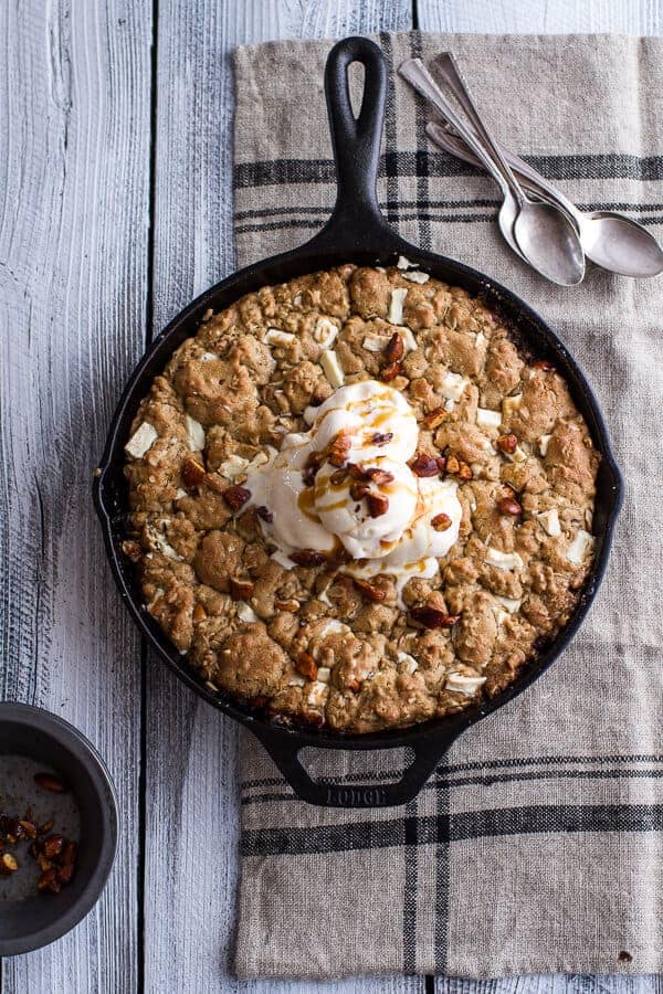 Caramelized Peach + White Chocolate Oatmeal Skillet Cookie Pie | halfbakedharvest.com @hbharvest