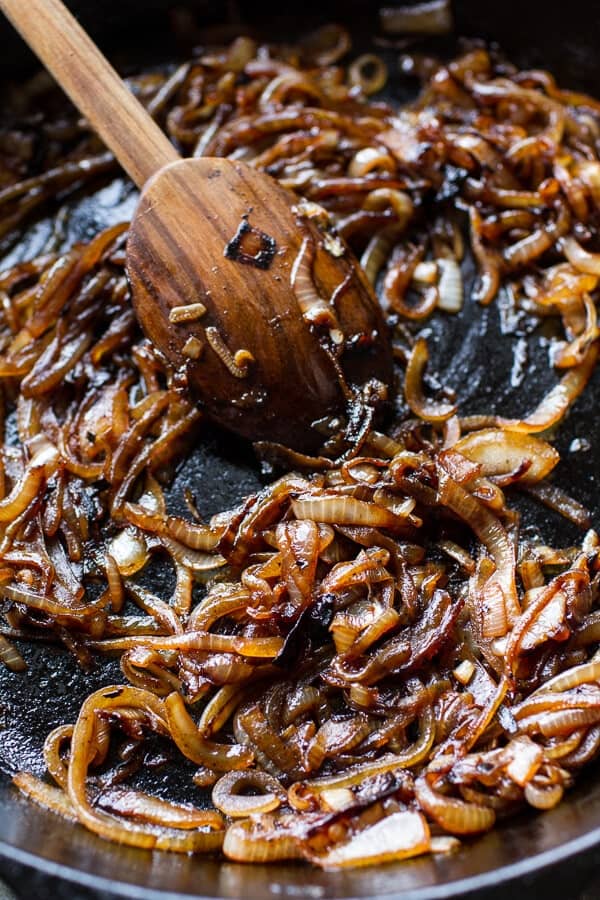Cheesy Fontina Caramelized Onion, Chorizo, Spinach and Artichoke Pizza | halfbakedharvest.com @hbharvest