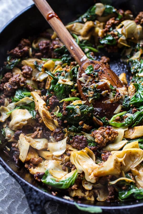 Cheesy Fontina Caramelized Onion, Chorizo, Spinach and Artichoke Pizza | halfbakedharvest.com @hbharvest