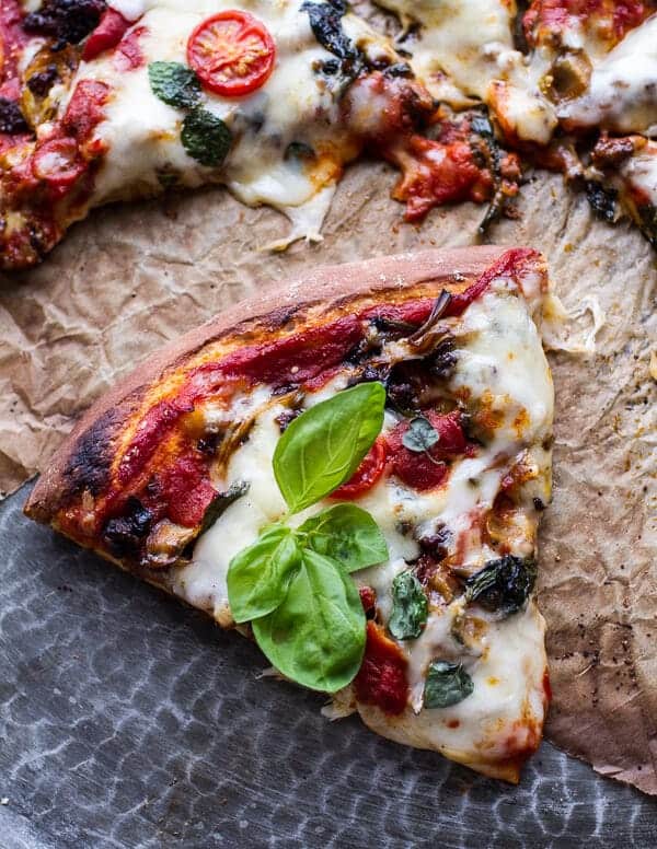 Cheesy Fontina Caramelized Onion, Chorizo, Spinach and Artichoke Pizza | halfbakedharvest.com @hbharvest