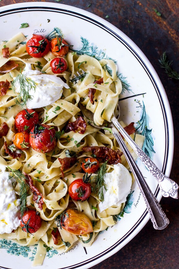 Garlic and Herb Roasted Cherry Tomato Carbonara w-Crispy Prosciutto + Burrata | halfbakedharvest.com @hbharvest