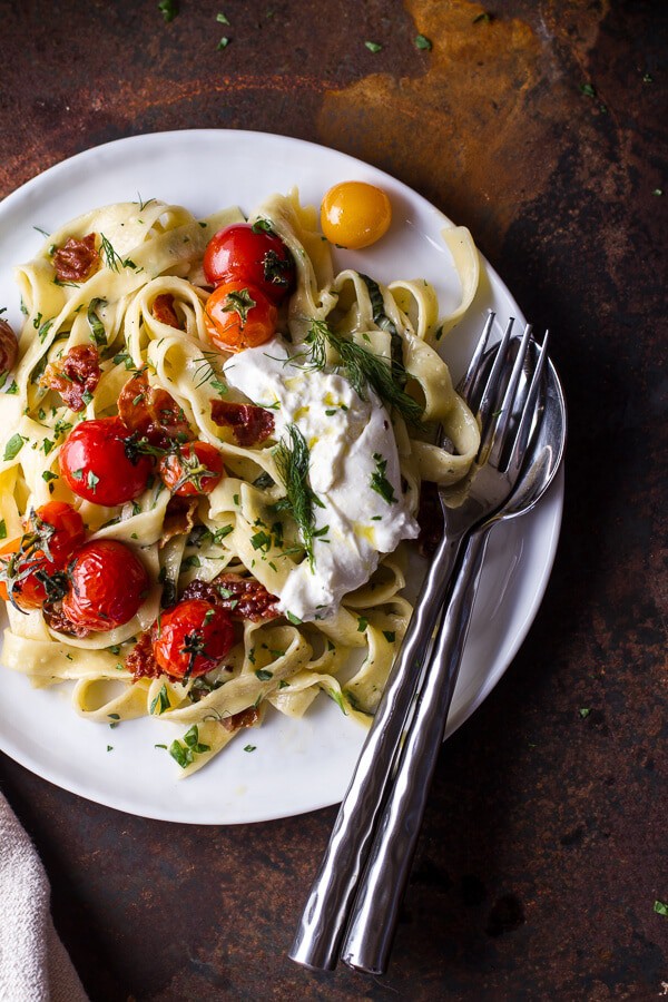Garlic and Herb Roasted Cherry Tomato Carbonara w-Crispy Prosciutto + Burrata | halfbakedharvest.com @hbharvest