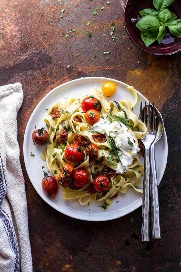 Garlic and Herb Roasted Cherry Tomato Carbonara w-Crispy Prosciutto + Burrata | halfbakedharvest.com @hbharvest