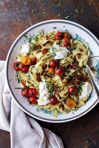 Garlic and Herb Roasted Cherry Tomato Carbonara w-Crispy Prosciutto + Burrata | halfbakedharvest.com @hbharvest