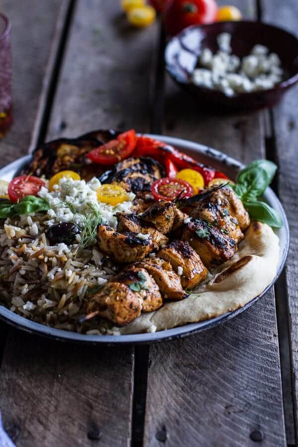 Greek Chicken Souvlaki and Rice Pilaf Plates w-Marinated Veggies + Feta Tzatziki | halfbakedharvest.com @hbharvest