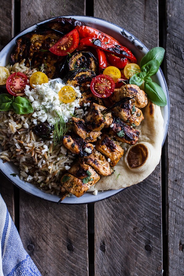 Greek Chicken Souvlaki and Rice Pilaf Plates w-Marinated Veggies + Feta Tzatziki | halfbakedharvest.com @hbharvest