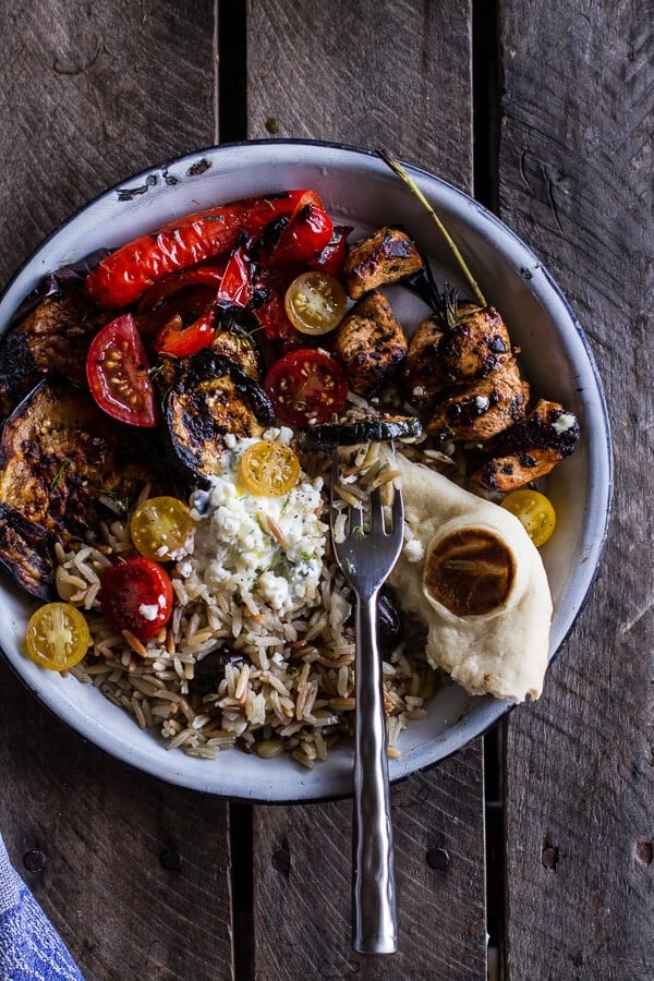 Greek Chicken Souvlaki and Rice Pilaf Plates w-Marinated Veggies + Feta Tzatziki | halfbakedharvest.com @hbharvest