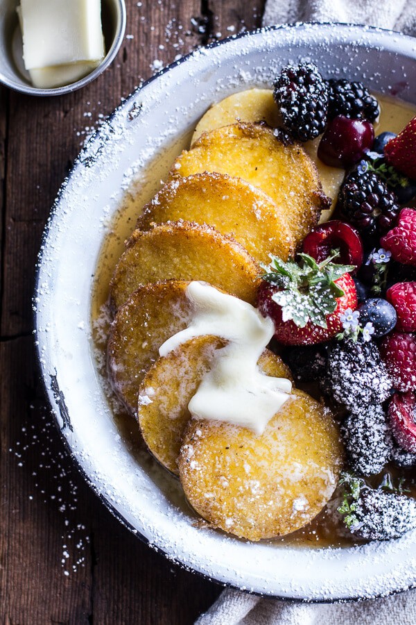 Sweet Buttered Polenta Pancakes with Fresh Summer Berries | halfbakedharvest.com