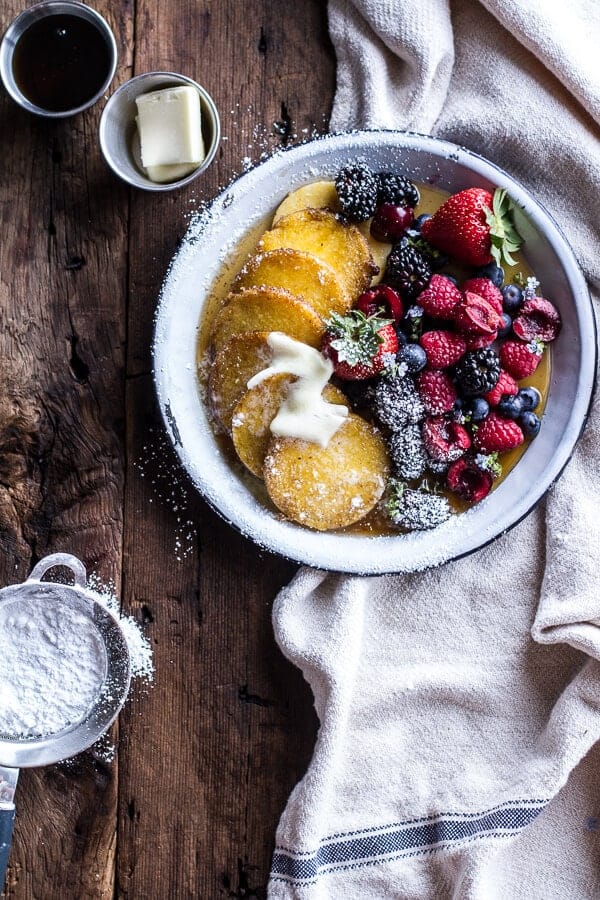 Sweet Buttered Polenta Pancakes with Fresh Summer Berries | halfbakedharvest.com