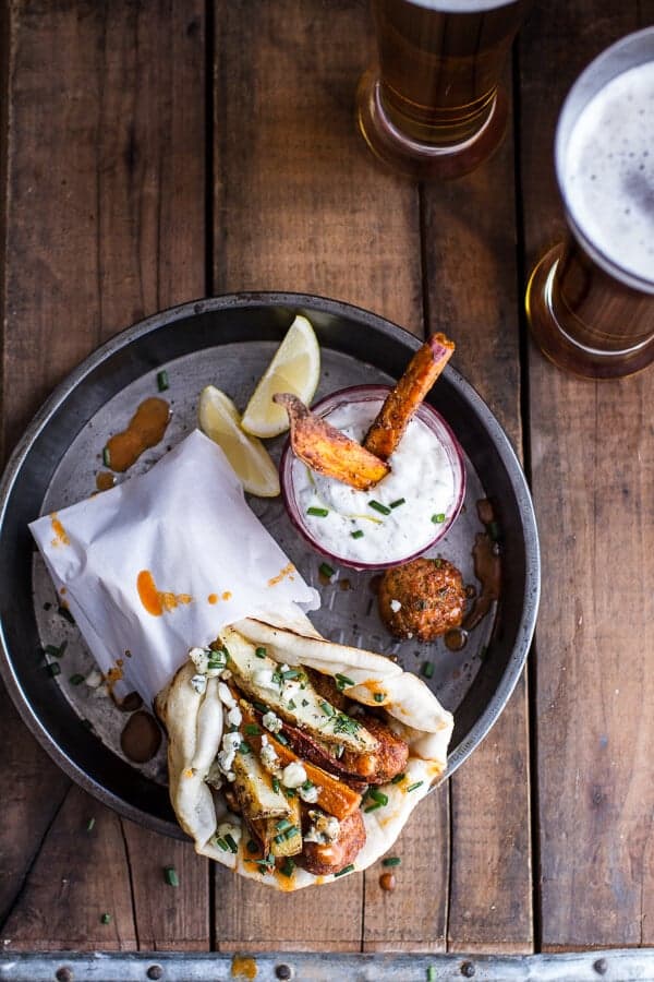 Buffalo Falafel Pitas w-Garlic Blue Cheese Fries + Ranch Style Tzatziki | halfbakedharvest.com @hbharvest