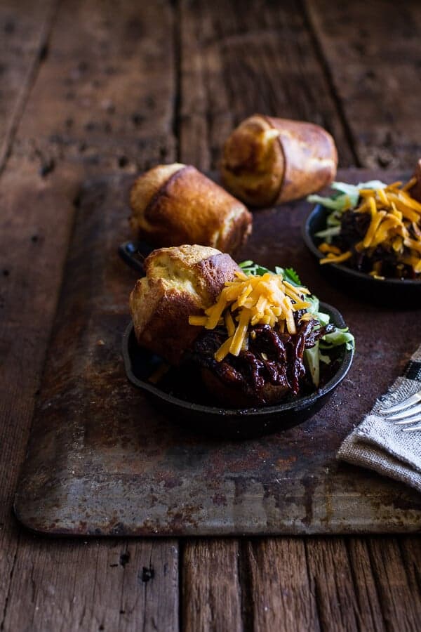 Crockpot BBQ Beer Pulled Chicken with Cheddar Corn Popovers | halfbakedharvest.com @hbharvest