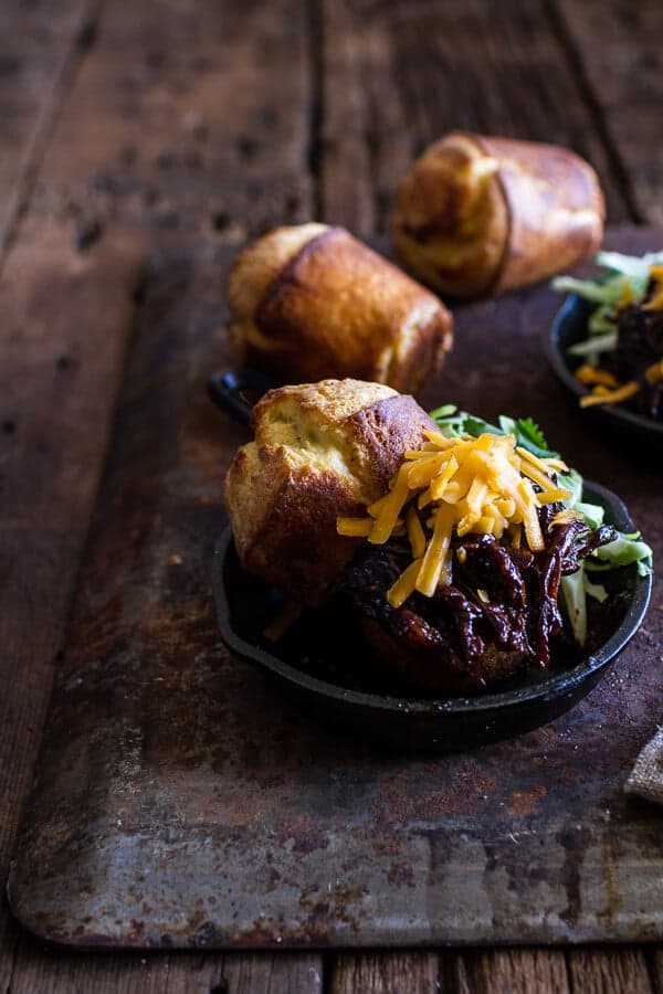 Crockpot BBQ Beer Pulled Chicken with Cheddar Corn Popovers | halfbakedharvest.com @hbharvest