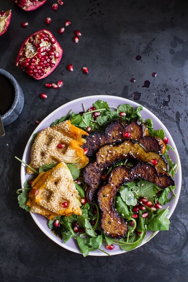 Miso Roasted Acorn Squash + Pomegranate Salad w/Waffled Cheddar Apple Tahini Grilled Cheese Triangles | halfbakedharvest.com @hbharvest