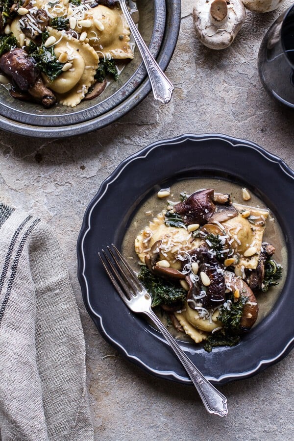 Taleggio Ravioli with Garlicy Butter Kale and Mushroom Sauce + Toasted Pine Nuts | halfbakedharvest.com @hbharvest