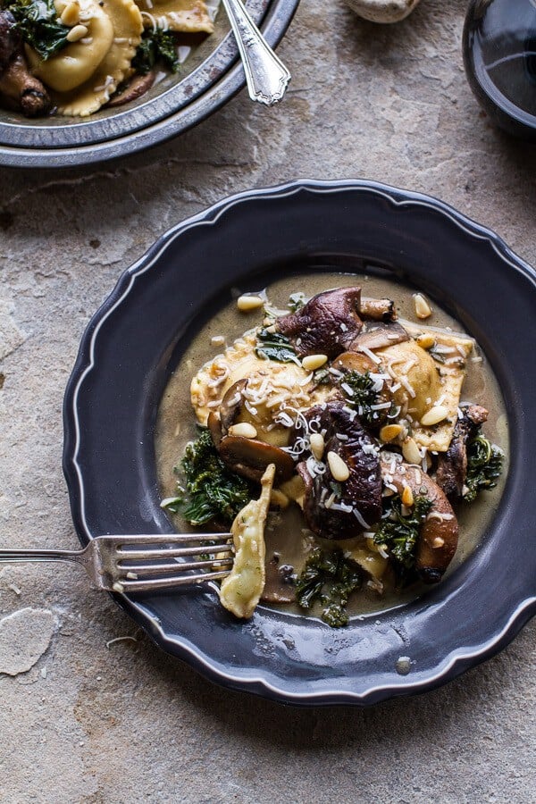 Taleggio Ravioli with Garlicy Butter Kale and Mushroom Sauce + Toasted Pine Nuts | halfbakedharvest.com @hbharvest