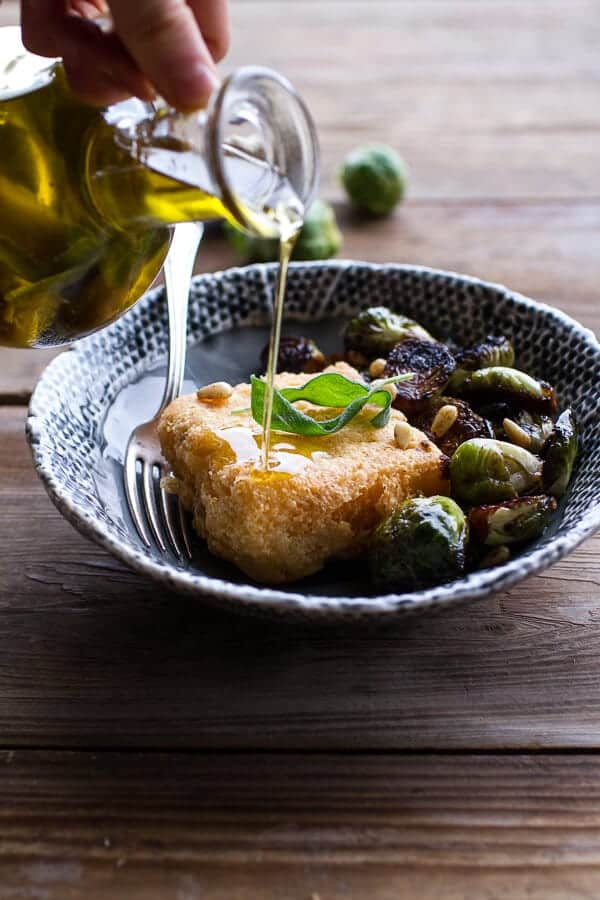 Cheesy Fried Polenta w-Pan Roasted Balsamic Brussels Sprouts + Roasted Garlic Sage Oil | halfbakedharvest.com @hbharvest