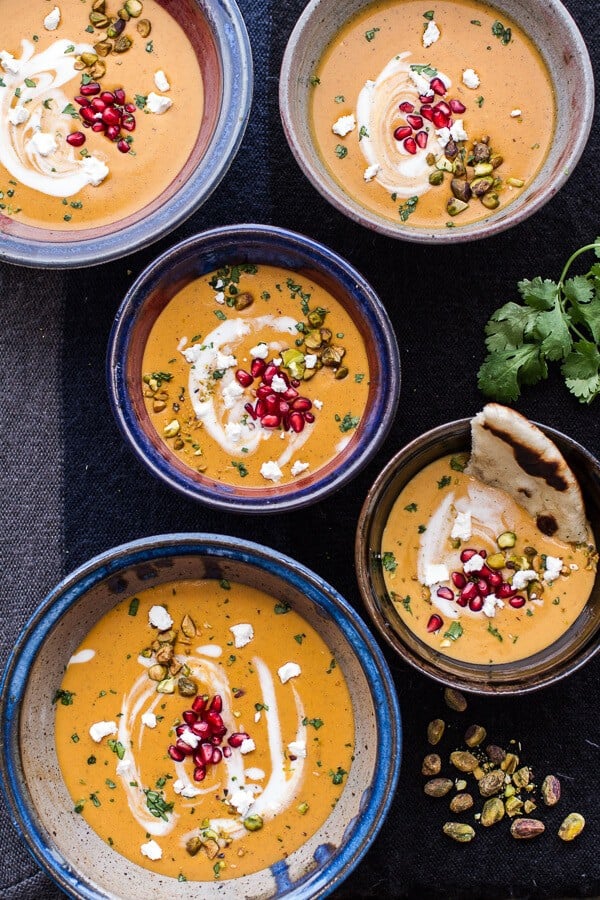 Moroccan Butternut Squash and Goat Cheese Soup w/Coconut Ginger Cream + Pistachios | halfbakedharvest.com @hbharvest