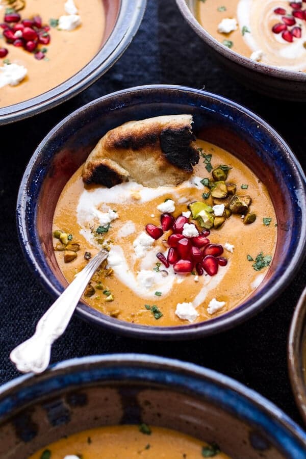 Moroccan Butternut Squash and Goat Cheese Soup w/Coconut Ginger Cream + Pistachios | halfbakedharvest.com @hbharvest