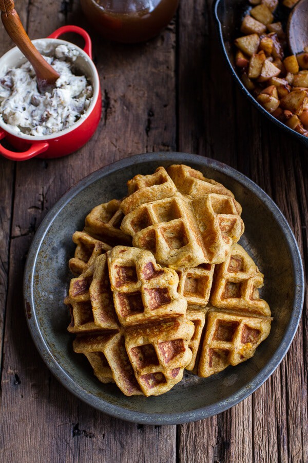 Overnight Cider Pumpkin Waffles w/Toasted Pecan Butter, Cider Syrup + Spiced Apples | halfbakedharvest.com @hbharvest