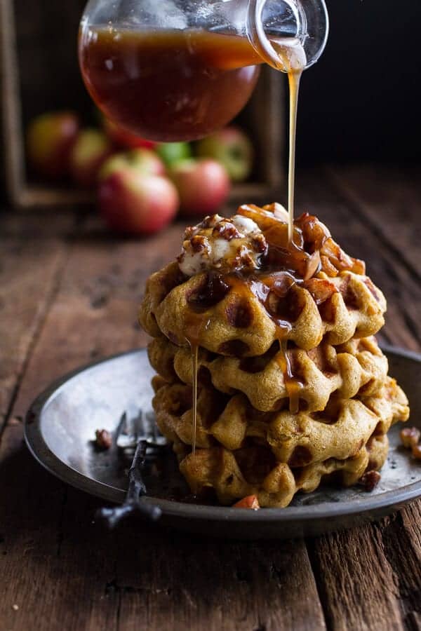 Overnight Cider Pumpkin Waffles w/Toasted Pecan Butter, Cider Syrup + Spiced Apples | halfbakedharvest.com @hbharvest