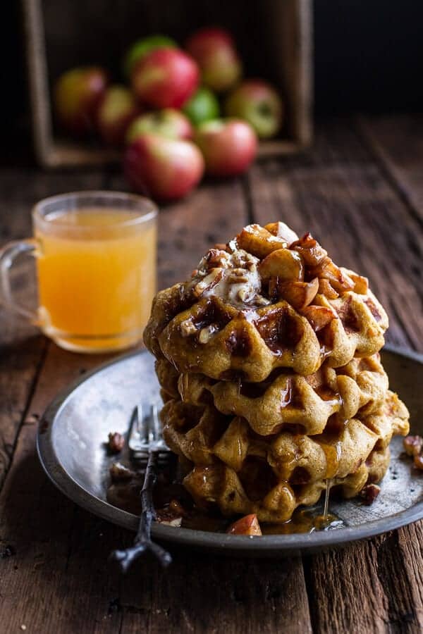 Overnight Cider Pumpkin Waffles w/Toasted Pecan Butter, Cider Syrup + Spiced Apples | halfbakedharvest.com @hbharvest