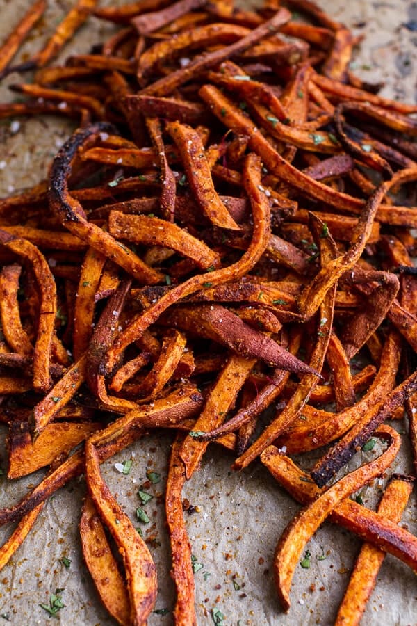 Skinny Tandoori Butter Sweet Potato Fries w/Creamy Baked Harissa Feta | halfbakedharvest.com @hbharvest