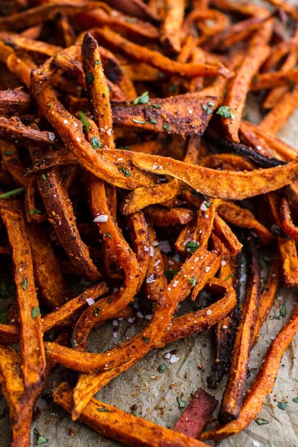 Skinny Tandoori Butter Sweet Potato Fries w/Creamy Baked Harissa Feta | halfbakedharvest.com @hbharvest
