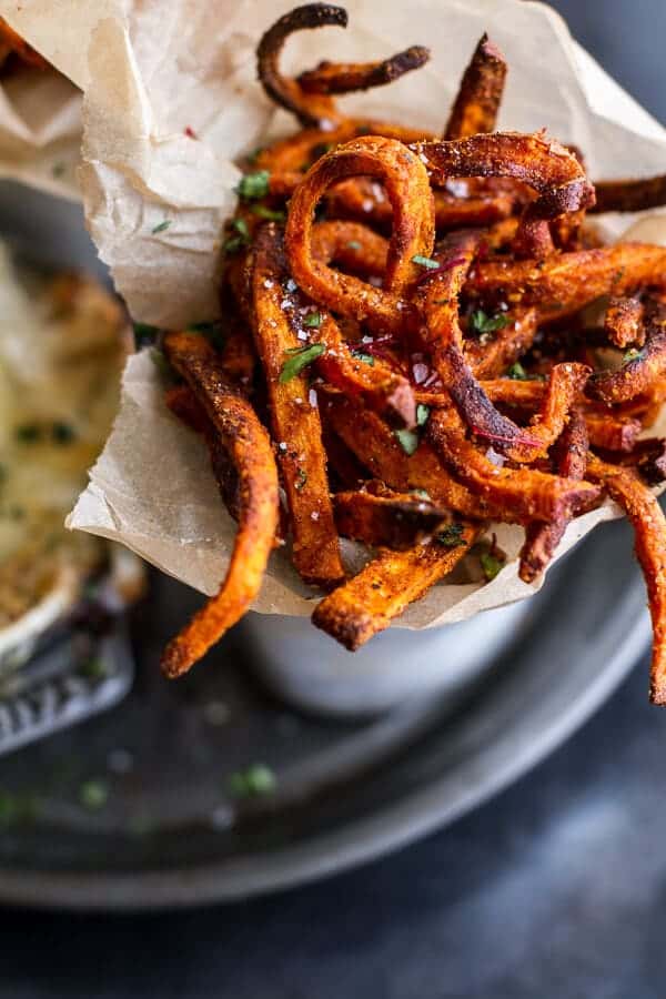 Skinny Tandoori Butter Sweet Potato Fries w/Creamy Baked Harissa Feta | halfbakedharvest.com @hbharvest