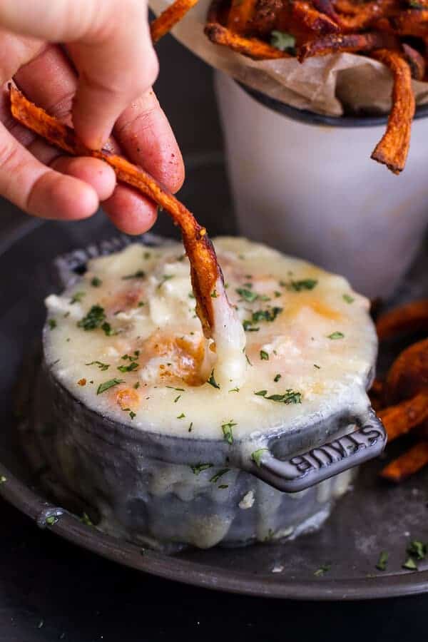 Skinny Tandoori Butter Sweet Potato Fries w/Creamy Baked Harissa Feta | halfbakedharvest.com @hbharvest